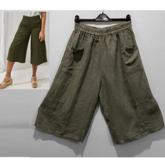 Angela Mara Green Linen Culotte Capris Pants Size Medium - Picture 1 of 14